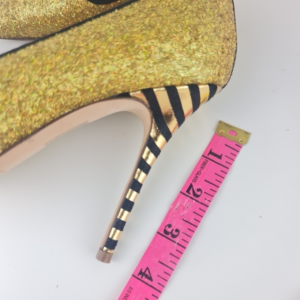 J.Crew Women Roxie Black Gold Glitter Striped Heels Party Size 9 Leather - Picture 14 of 16